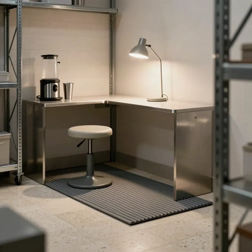 Ergonomische productiehoek met mat, kruk, waterstation en warme taaklamp in zachte nevel.