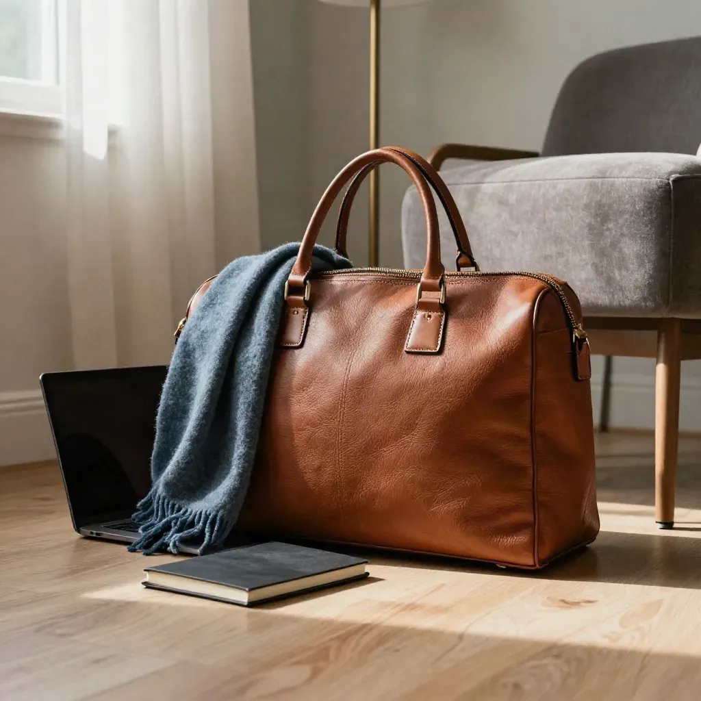 Stille coachhoek met leren tas, gesloten laptop, sjaal en tweede stoel bij raamlicht.