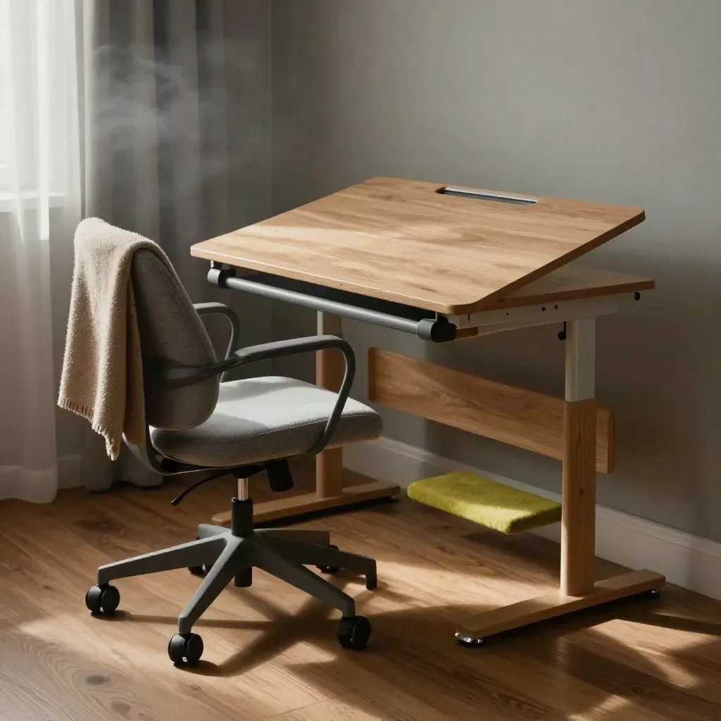 Rustige re-integratiewerkplek met verstelbaar bureau, stoel, deken en opstap in ochtendlicht.