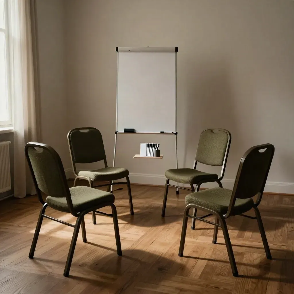Vier stoelen rond een lege flip-over in een stille trainingsruimte