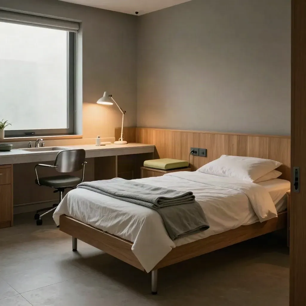 Stille zorgkamer met opgemaakt bed, gevouwen dekens, rolstoel en zacht verlichte wastafel.