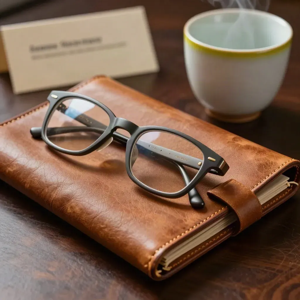 Leren consultfolio, bril, bronzen papiergewicht en keramische beker op donker walnotenhout.