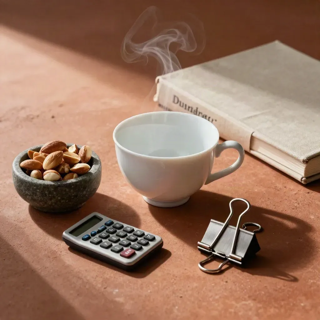 Thee, noten, rekenmachine, binderclips en gesloten dossier op terracotta steen met zachte damp.