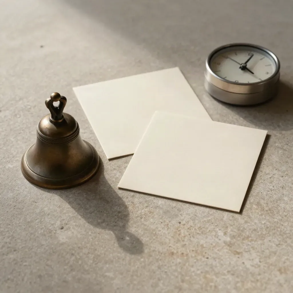 Bronzen bel, twee kaartjes en een timer op steen voor de intake.