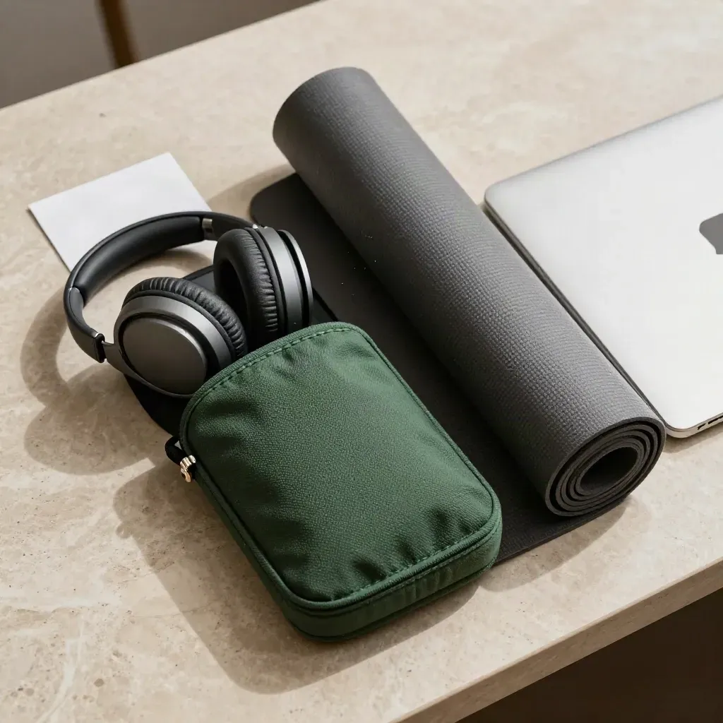 Bovenaanzicht van servicekoffer, headset, opgerolde mat en laptop op lichte kalksteen.