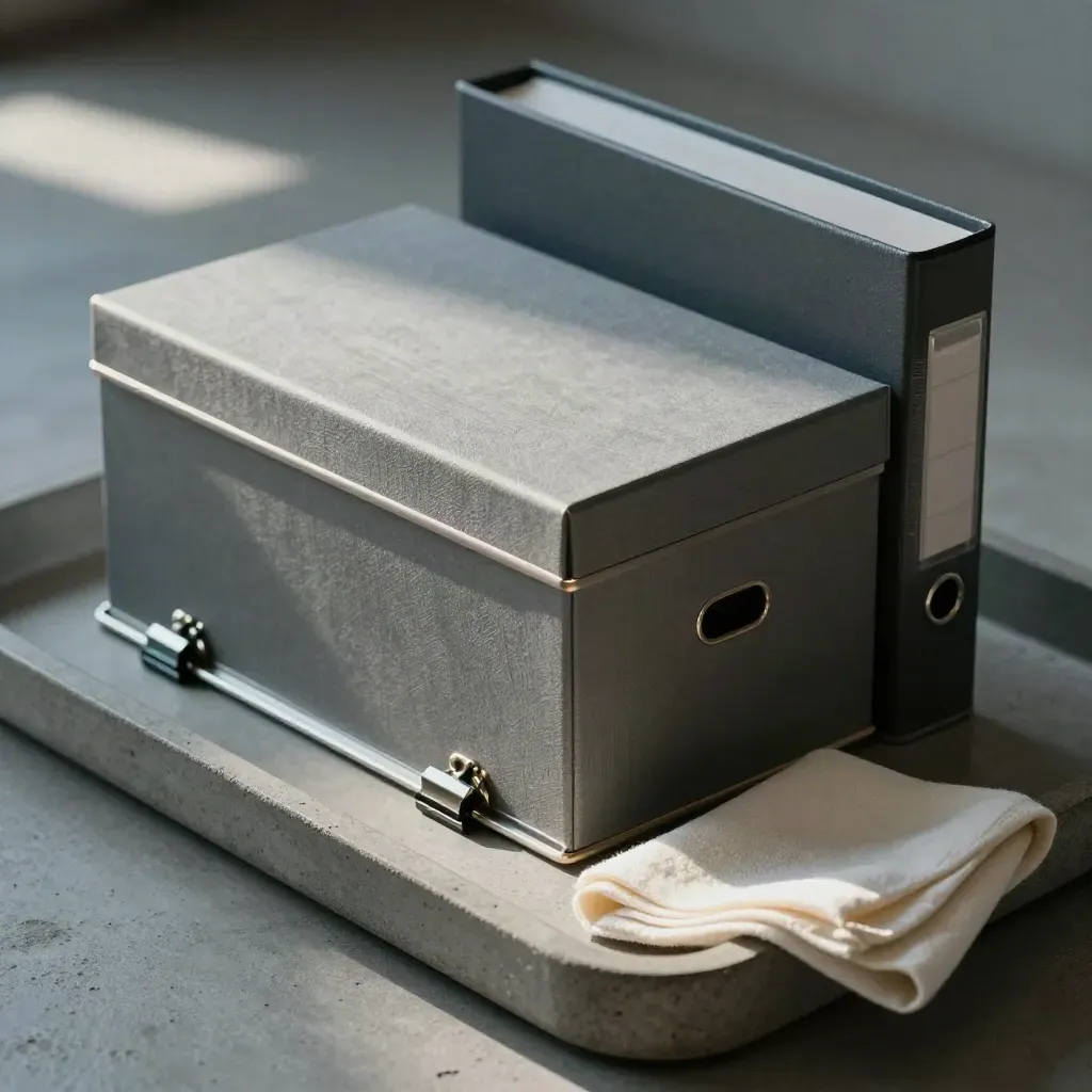 Archiefdoos, ringband en metalen klemrails op een betonnen tray in koel grijs.