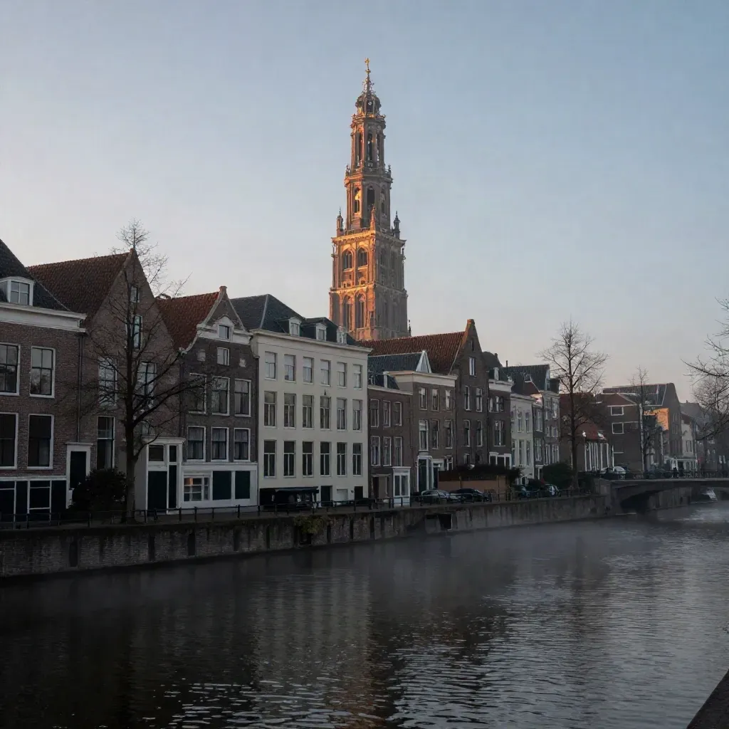 Utrecht in ochtendmist met de Domtoren hoog boven stille grachten.