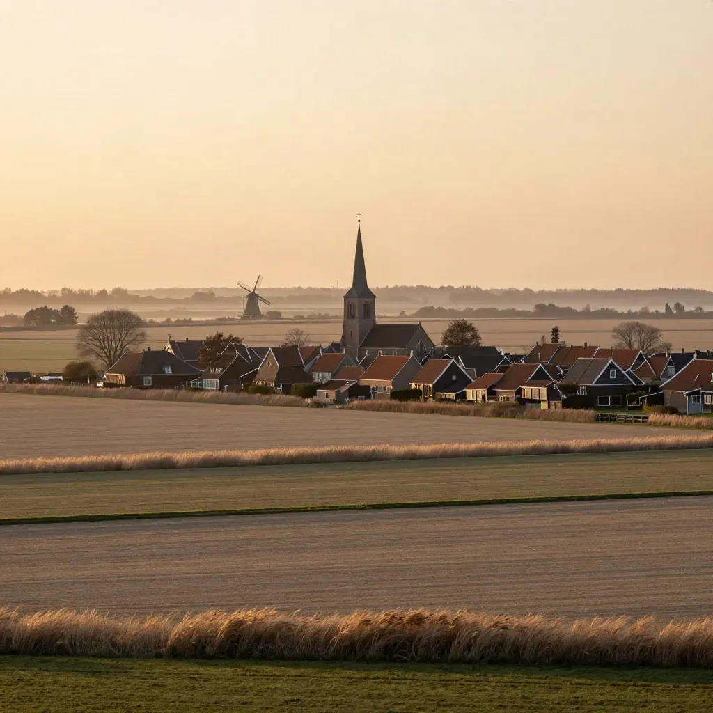 Hoge polderlucht in Noord-Holland met kerktoren, verre molen en gouden avondlicht.