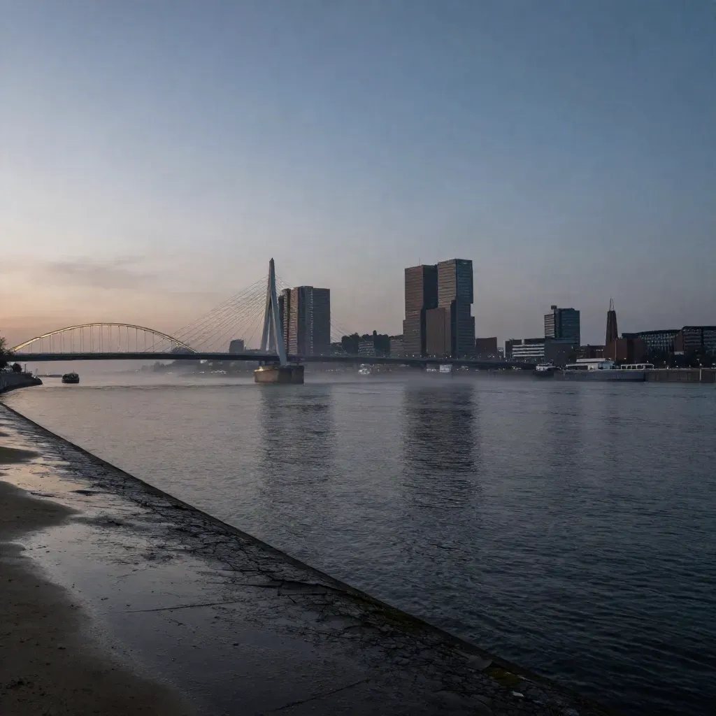 Rotterdamse skyline boven de Maas in blauwe schemering met mist en brugbogen.