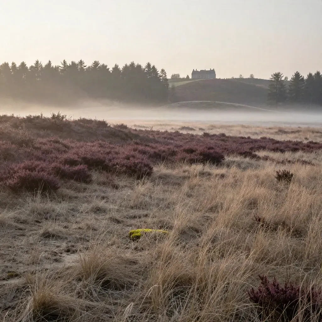Veluwse heide met bosrand, mist en een verre landgoedvorm in ochtendlicht